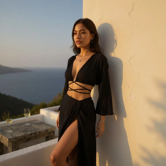 Pleated LS Crop Top & Wrap Skirt Set